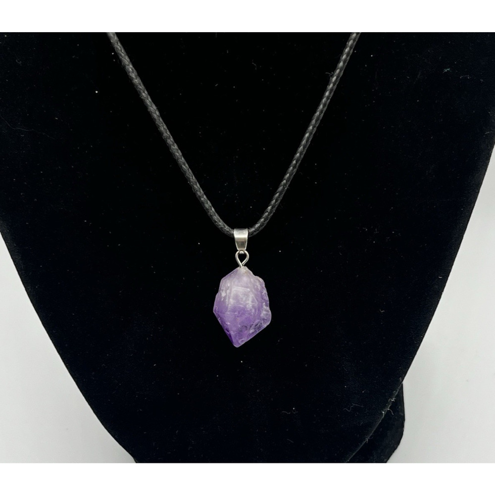 Raw Cut Amethyst Gemstone Point Pendant Necklace Purple Crystal Black Cord 18"